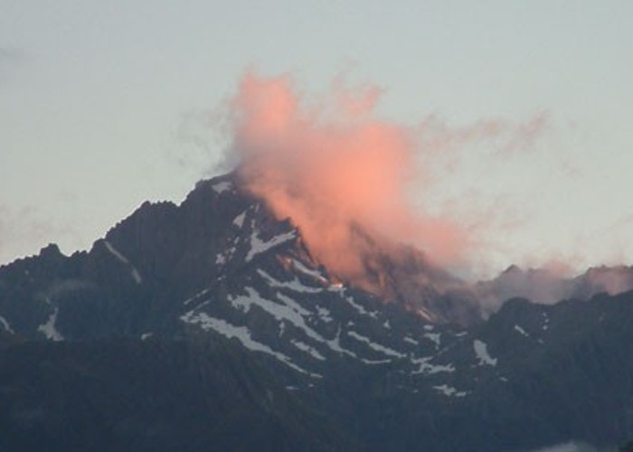 Mt Copland through rose coloured clouds