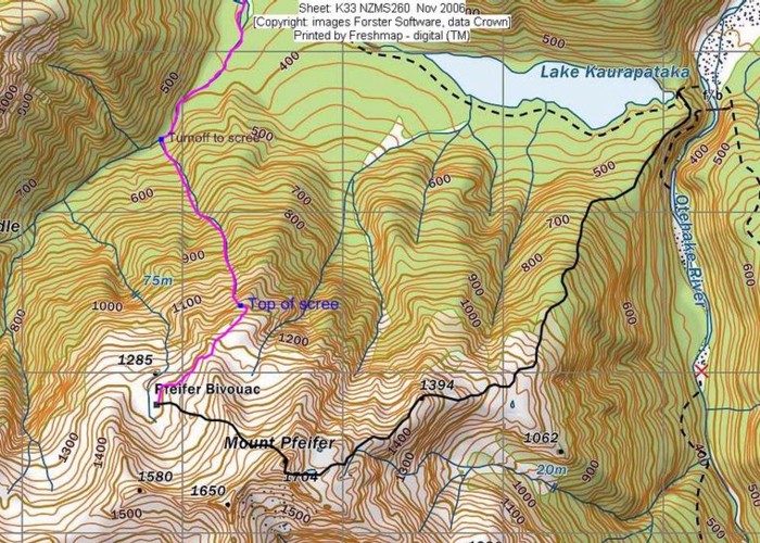 route from Kaurapataka Saddle to Pfeifer Biv via summit