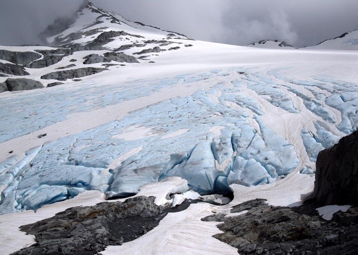 Blue ice on the snout of the Brewster Glacier