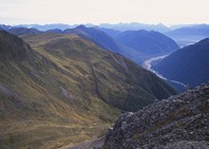 The Maruia Valley from the Lewis Tops. Springs Junction and Mount Haast in the distance