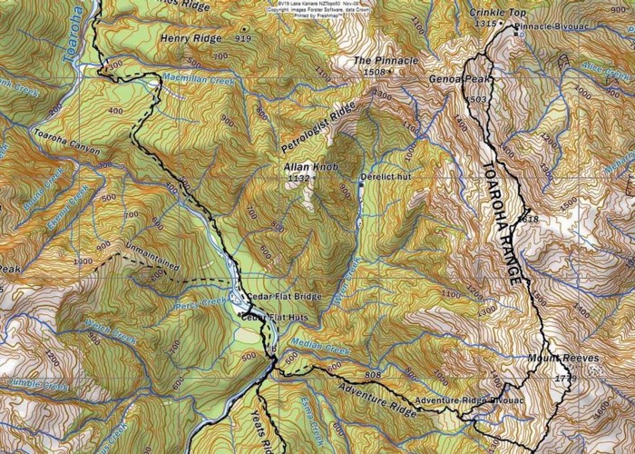 Map of Toaroha Valley to Pinnacle Biv via Adventure Ridge routes
