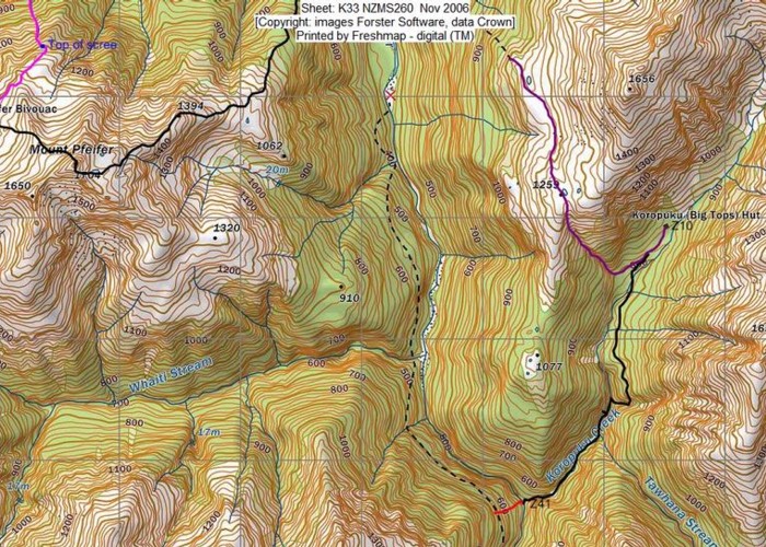 route from Otehake Track to Big Tops Hut via Koropuku Gorge