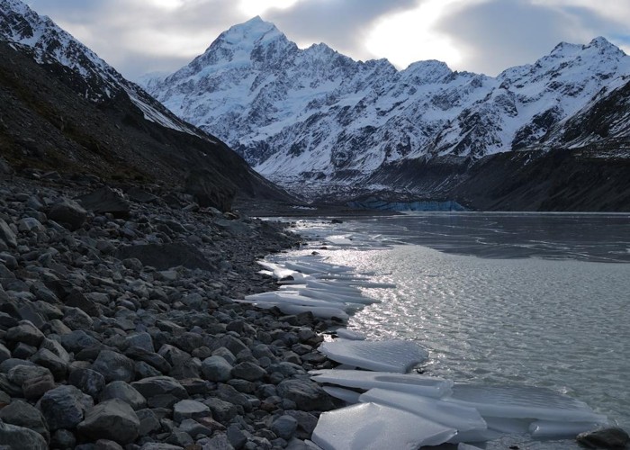 Aoraki/Mt Cook with Hooker glacier and frozen Lake