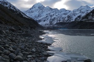 Aoraki/Mt Cook with Hooker glacier and frozen Lake